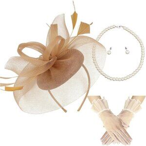 Fascinator Hats with Gloves Set for Women Tea Party Cocktail Wedding Headwear